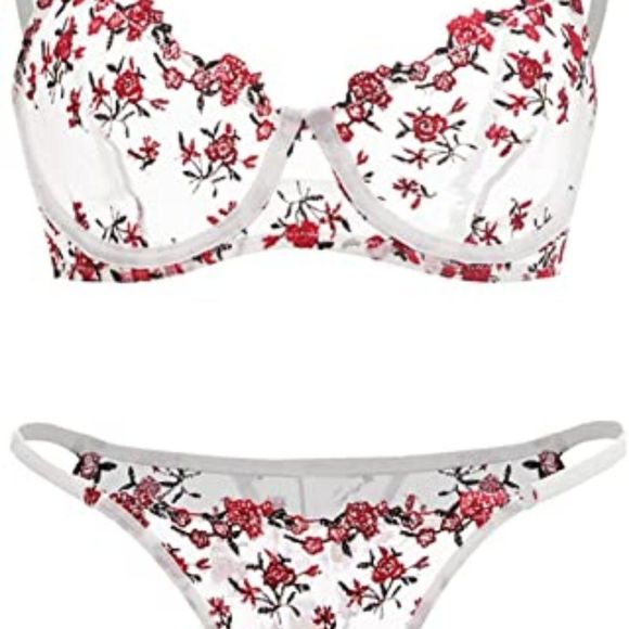 WDIRARA Women's Mesh Underwire Lingerie Set Floral Embroidery Bra and Panty Sets - Picture 1 of 6